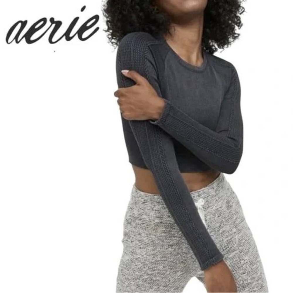 Offline by Aerie Ribbed Seamless Long Sleeve Crew Neck Top Charcoal XL Atheisure